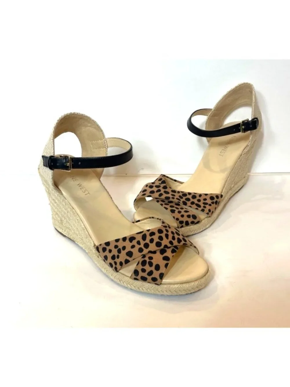 Nine West Joydyn Cheetah Print Espadrille Wedge Sandals Ankle Strap Size 7.5